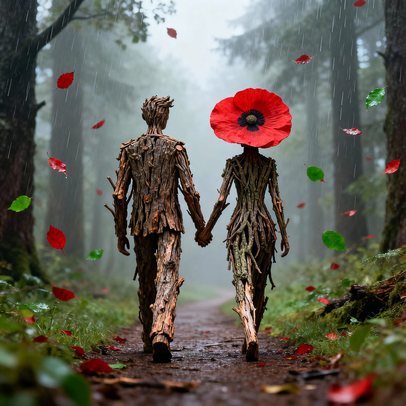 Surreal Branch Figures Walk Forest Path in Gentle Rain