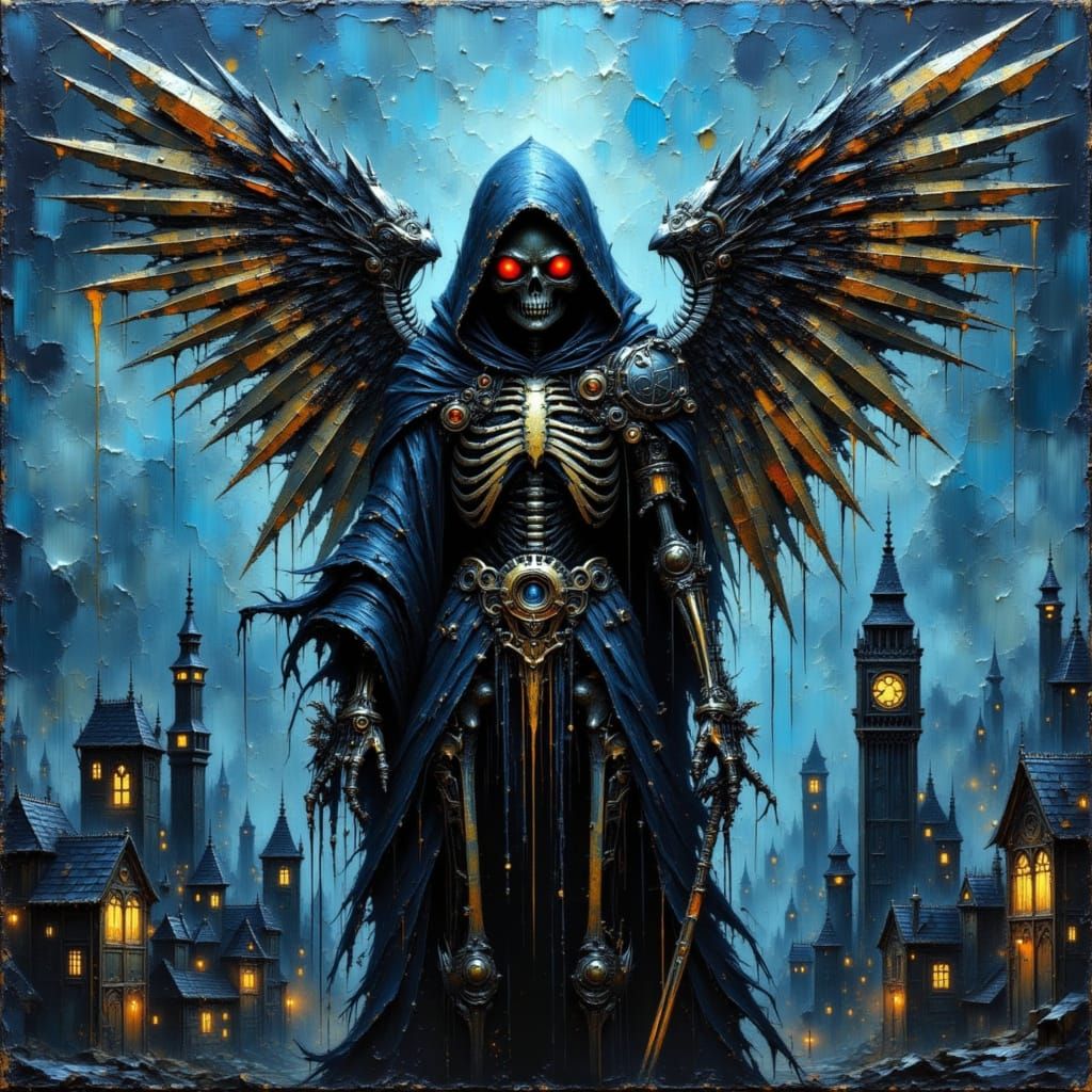 Cyberpunk Mechanical Reaper in Dystopian Cityscape