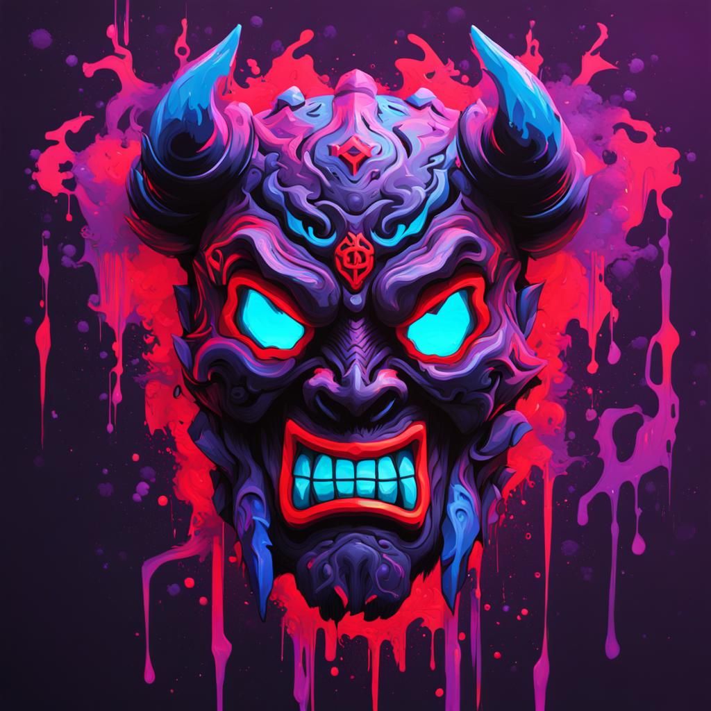 Neon Oni Mask Graffiti Art