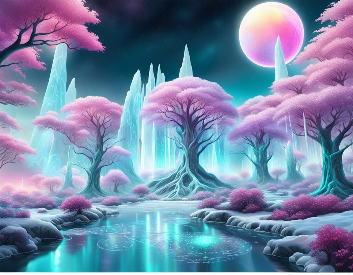 Mystical Ice Garden with Rainbow: Digital Art