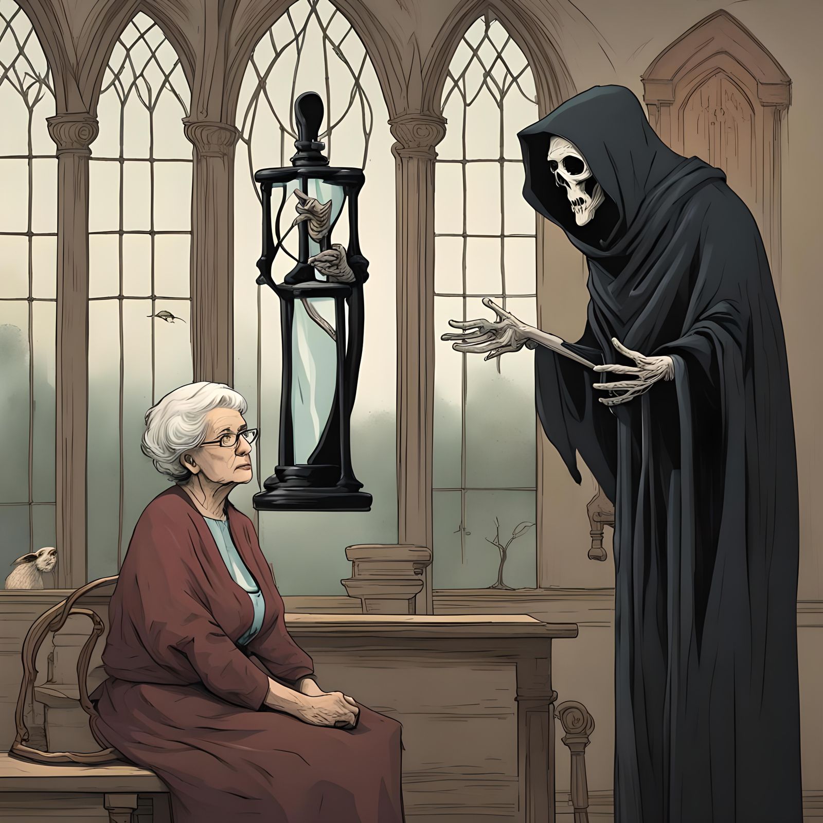 Grim Reaper and Stoic Woman with Hourglass