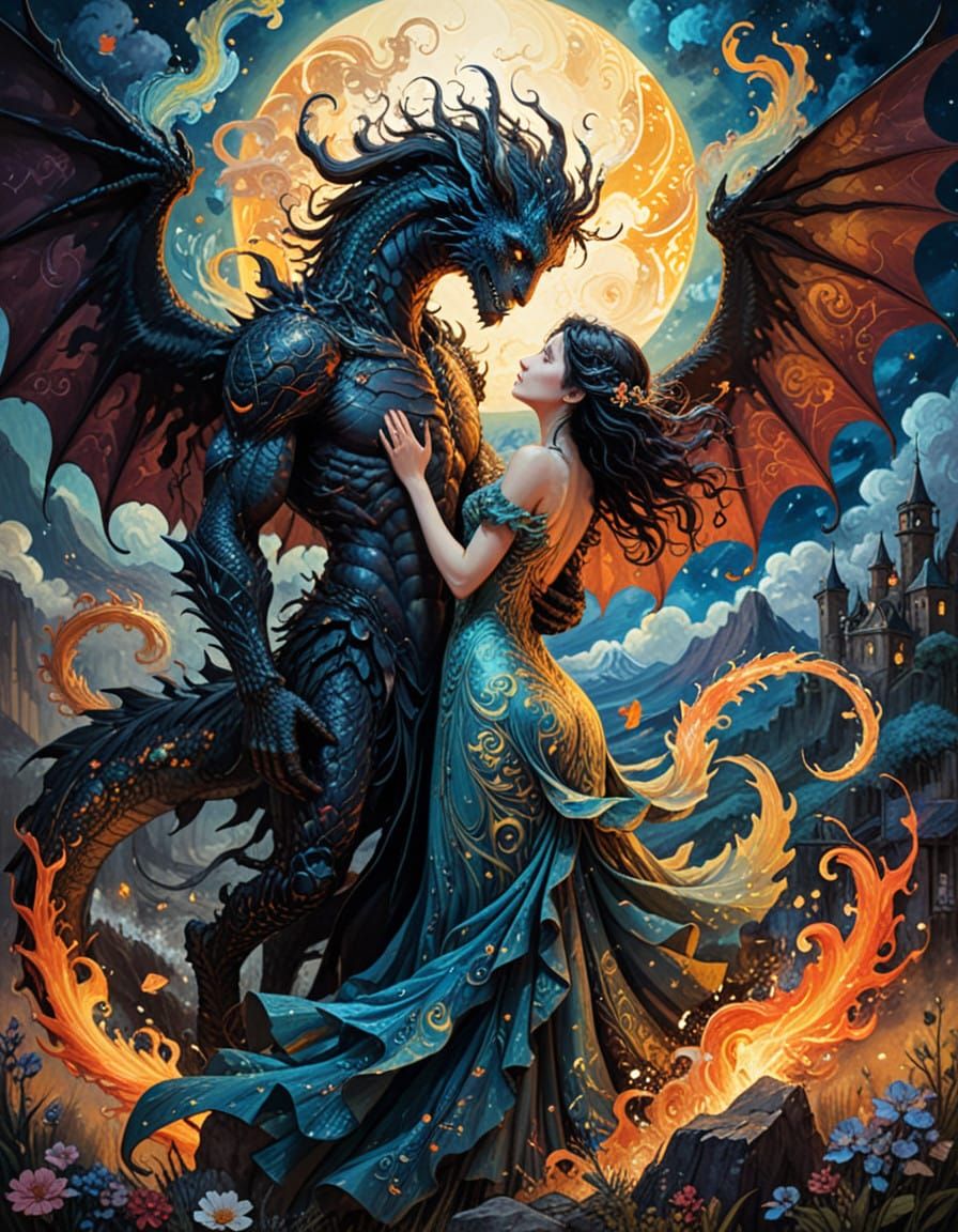 Sensual Beast in Captivity with Raven-Haired Maiden