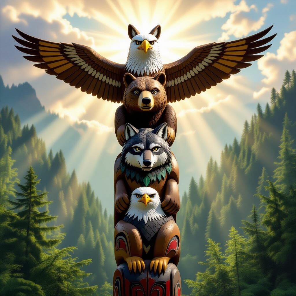 Realistic Totem Pole with First Nations Animals in Forest