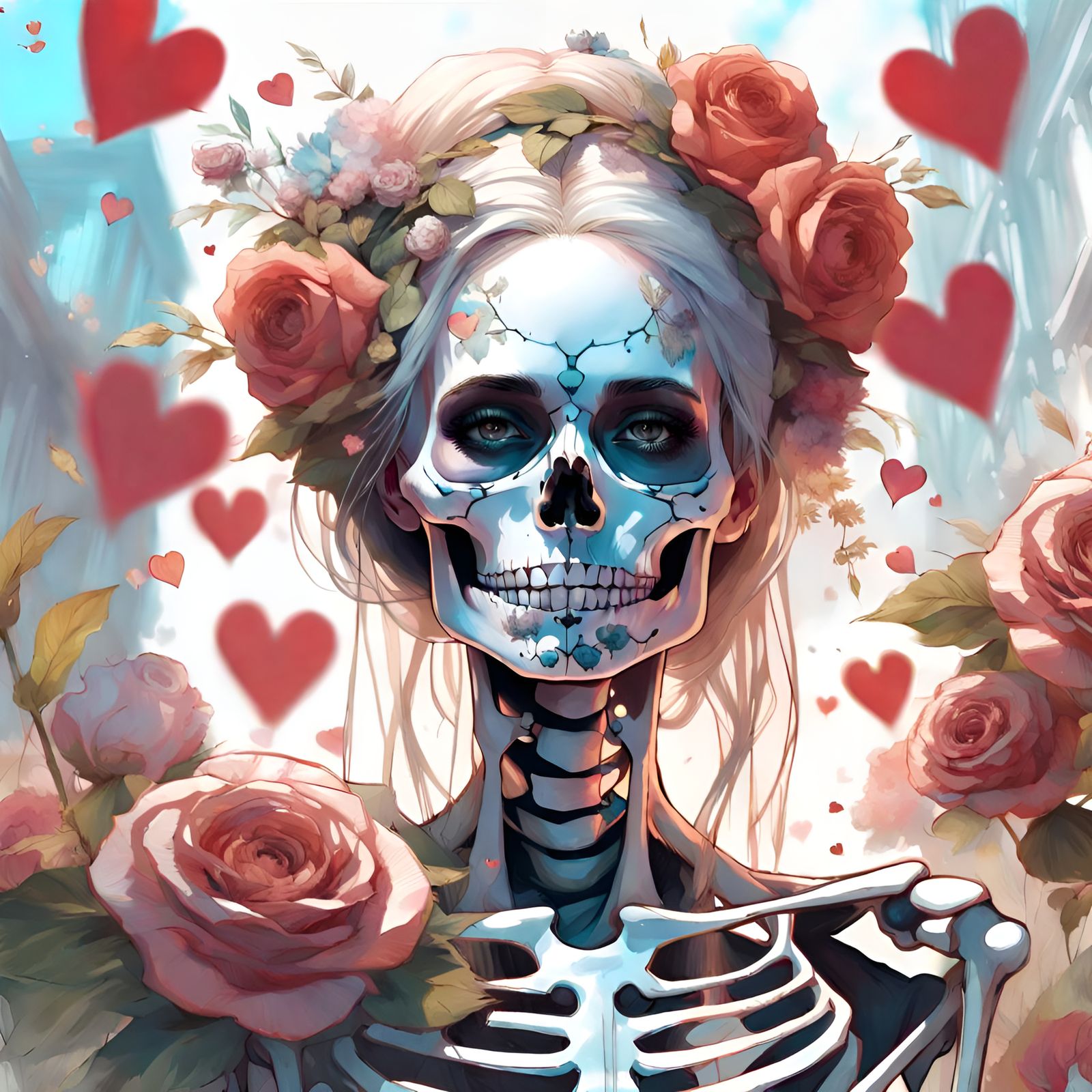 Gorgeous Skeleton Woman Portrait with Flowers, Detailed Digi...
