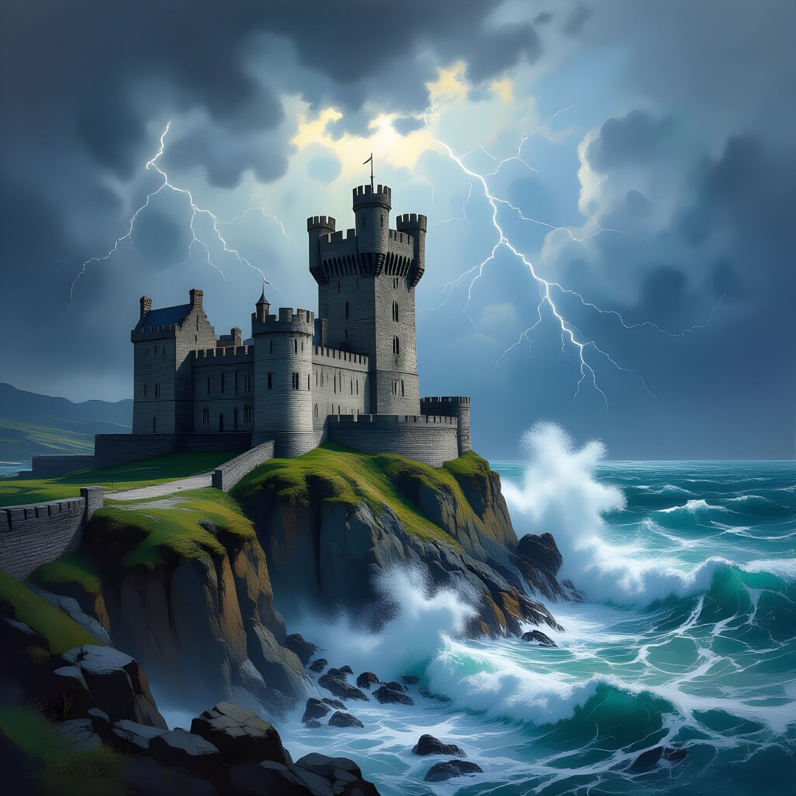Ancient Castle on Stormy Cliff Edge in Oil Painting Style