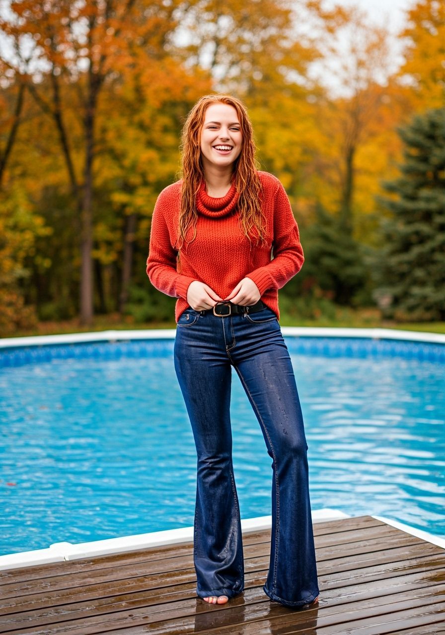 Redhead Giggles in Wet Sweater by Autumn Pool