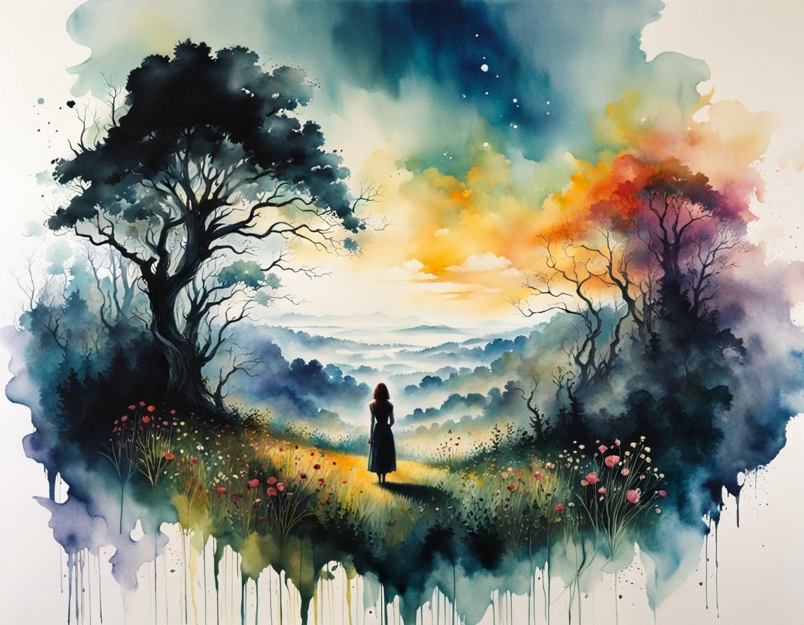 Serene Woman in Deep Color Watercolor Landscape