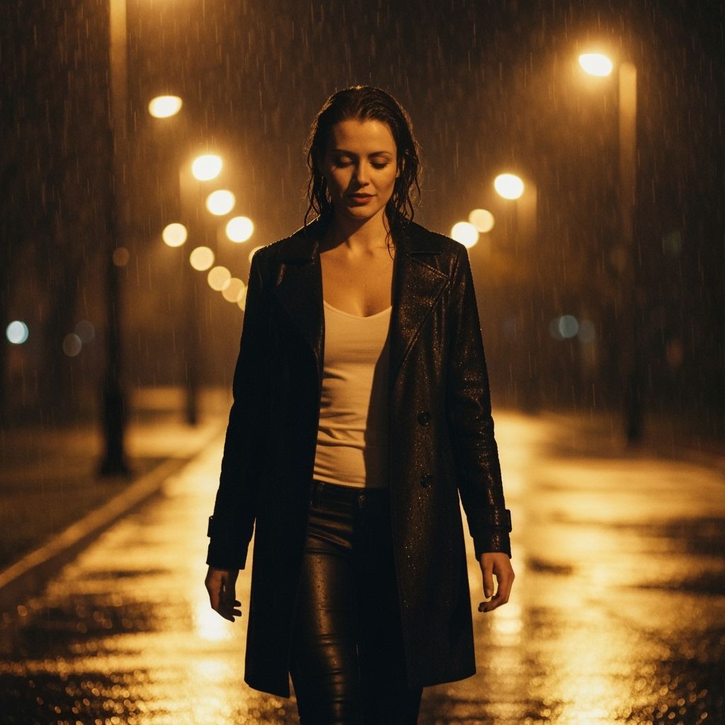 Rainy Street: Curvy Woman in Cinematic Film Still