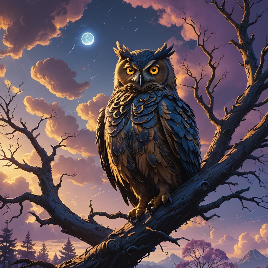 Sun Owl Perched on Mystical Tree Branch