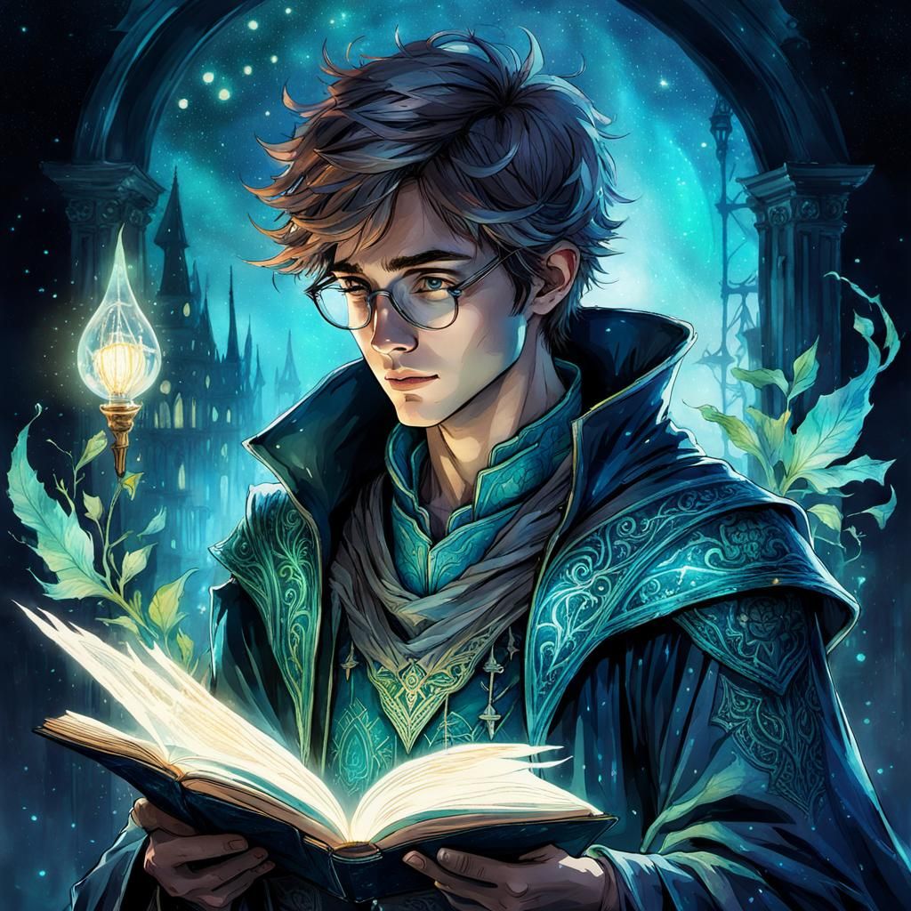 Biopunk Wizard Student Reading, Digital Watercolor