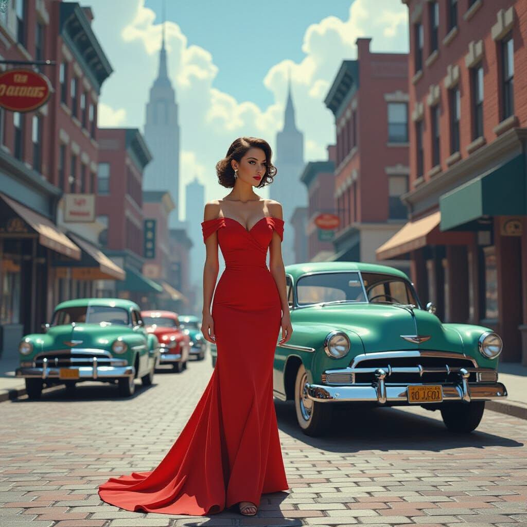 Vintage Woman in Retro-Futuristic Cityscape