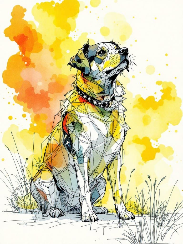 Dog Kneels in Sunlit Architectural Blueprint Style