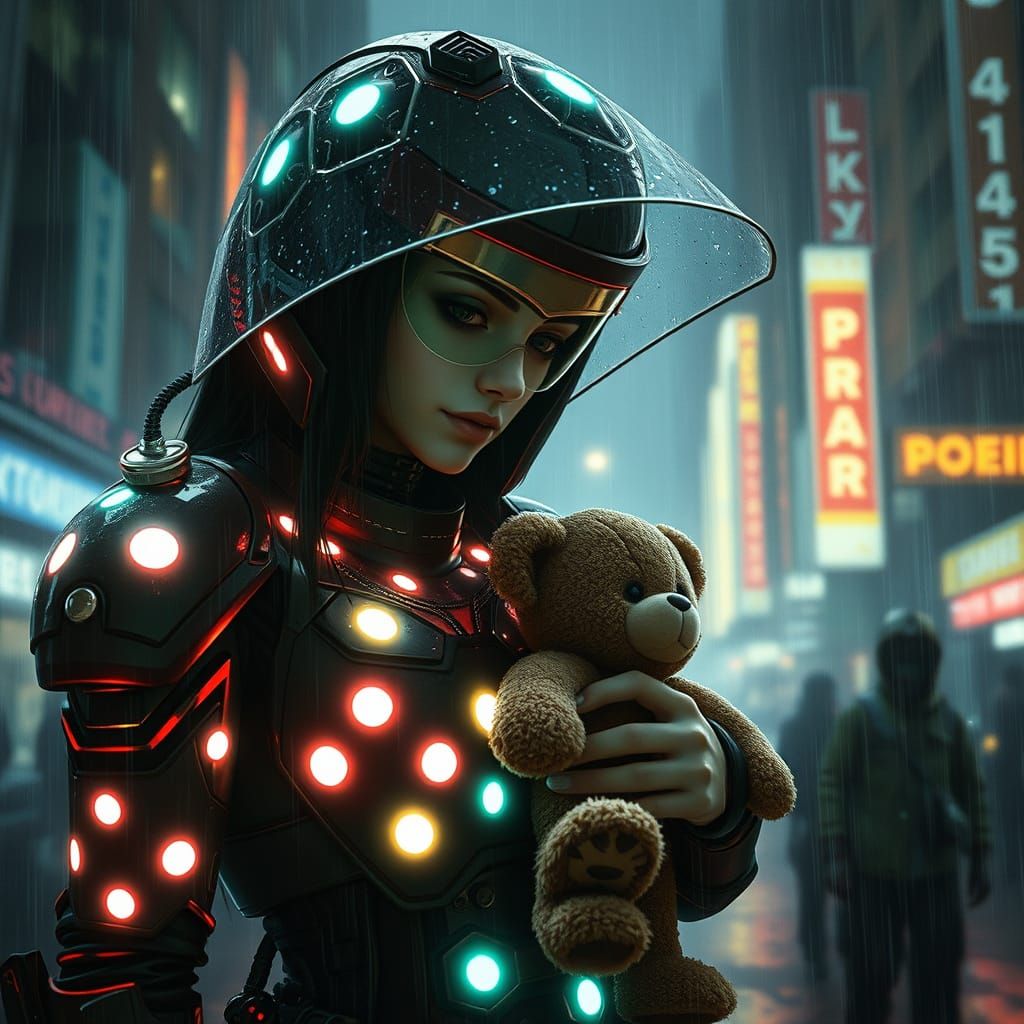 Cyberpunk Mother Shields Child in Dystopian City