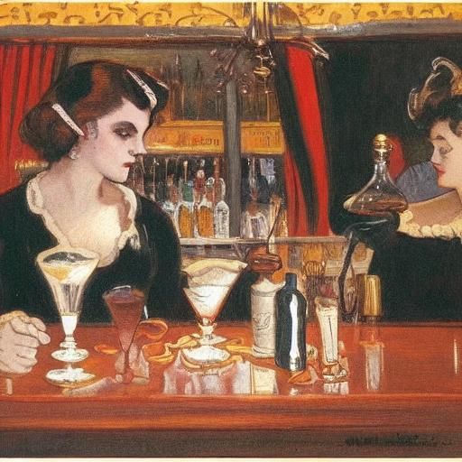 Art by Théophile Steinlen, vintage bar scene, bartender pouring a complex cocktail with elegance, art nouveau backdrop, ...