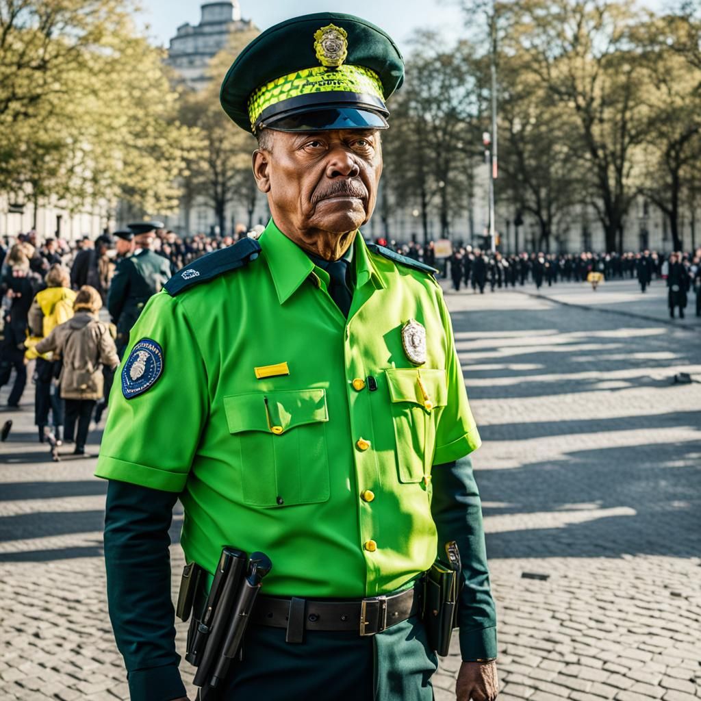 Policeman in Green and Yellow Uniform