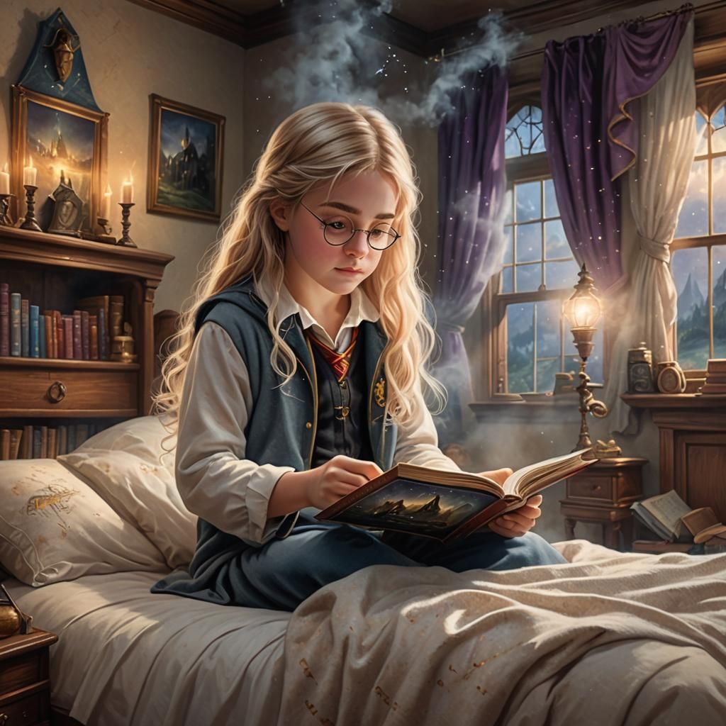Blond Girl Reading Harry Potter Book, Kinkade Style