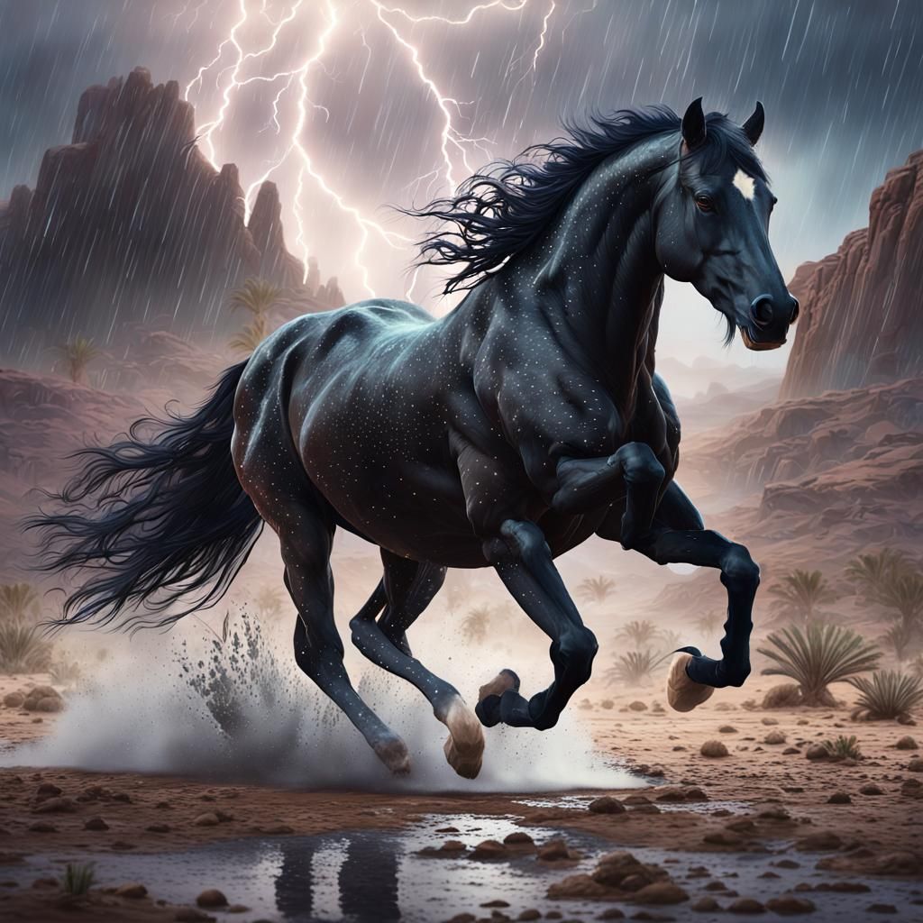 Black Stallion in Desert Rain: Cinematic Digital Art