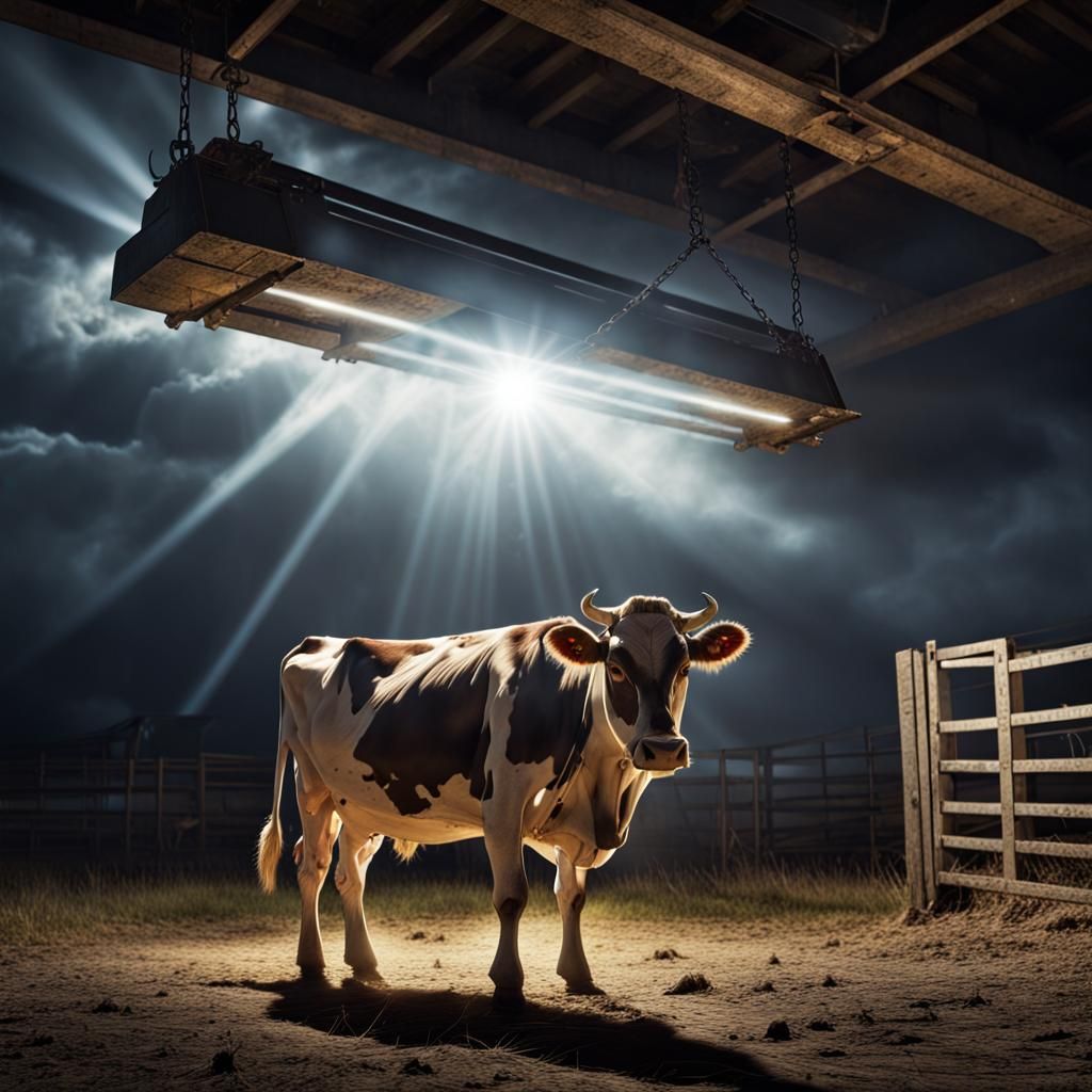 UFO Abduction: Cow Suspended in Beam of Light