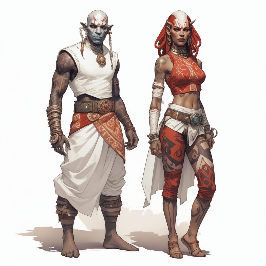 Futuristic Tiefling Duo in Aztec-Inspired Attire