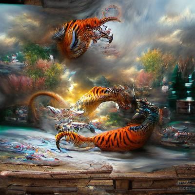 Epic Tiger and Dragon Battle in Space, Hyperrealism