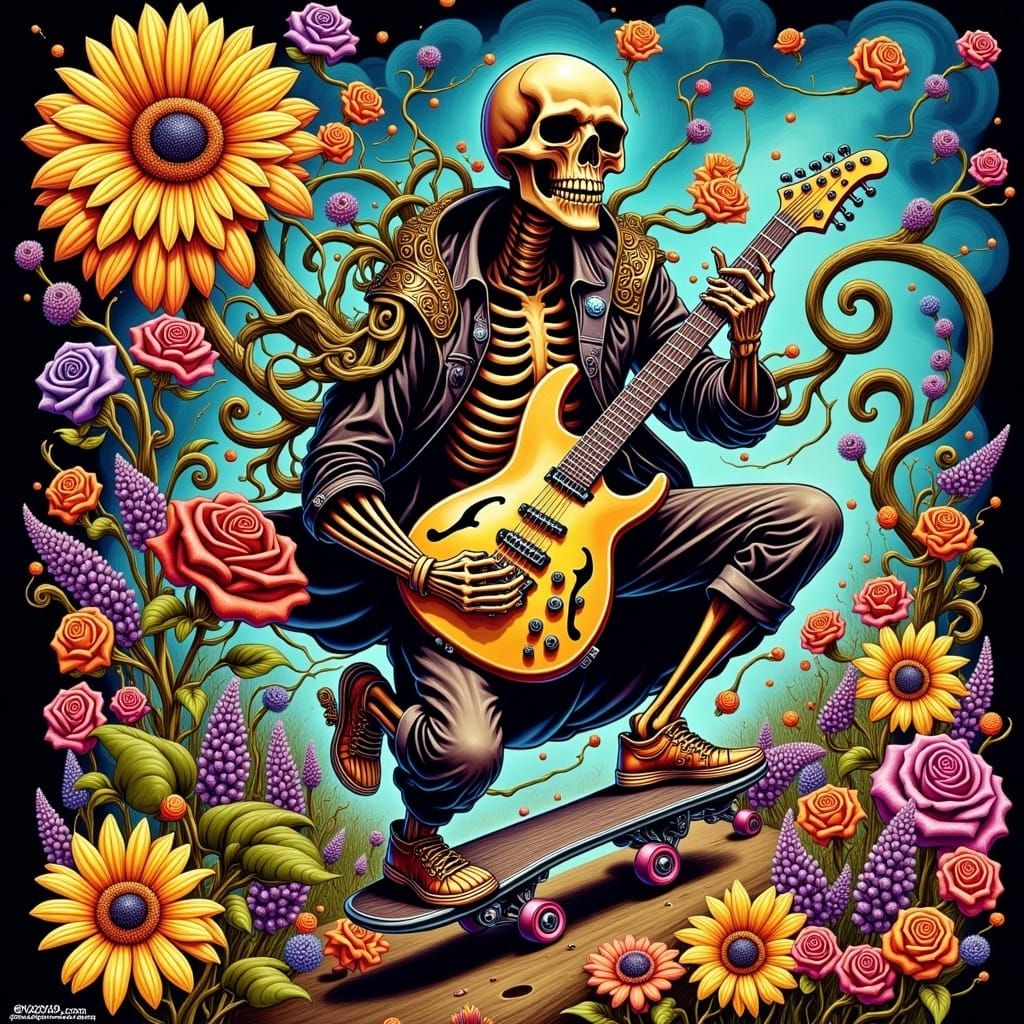 Radical Skeleton Shredding Guitar, 3D Digital Art