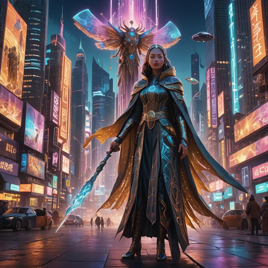 Goddess in Cyberpunk Cityscape: Digital Art