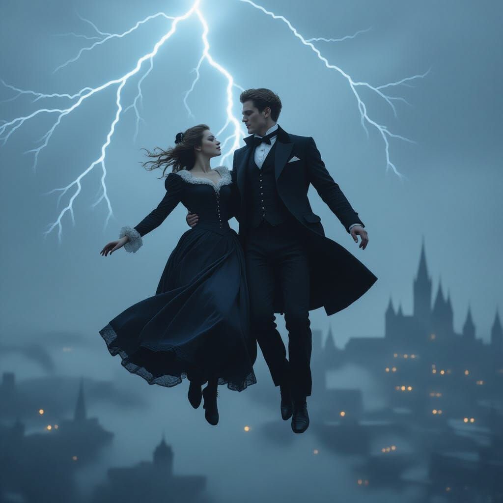 Victorian Couple Soaring in Stormy Sky