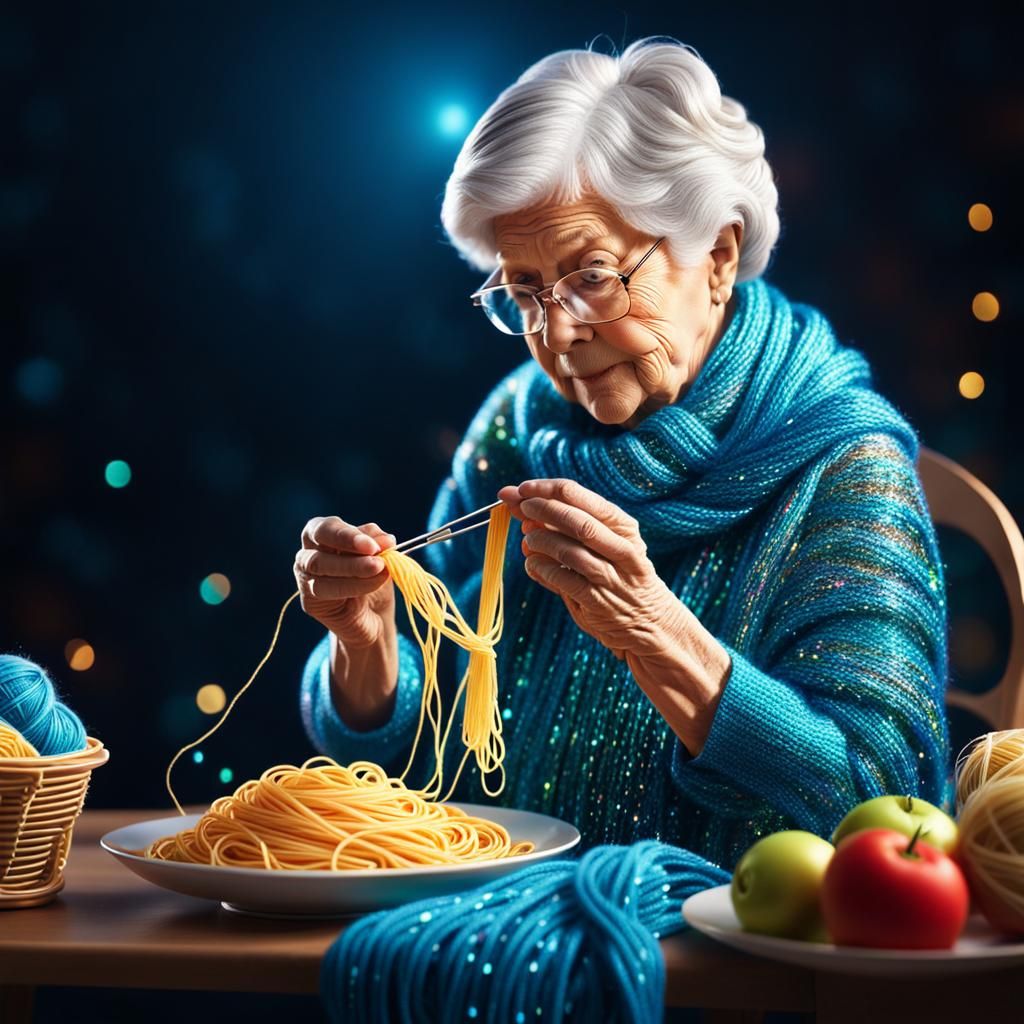 Hyper-Realistic Grandma Knitting Spaghetti Scarf