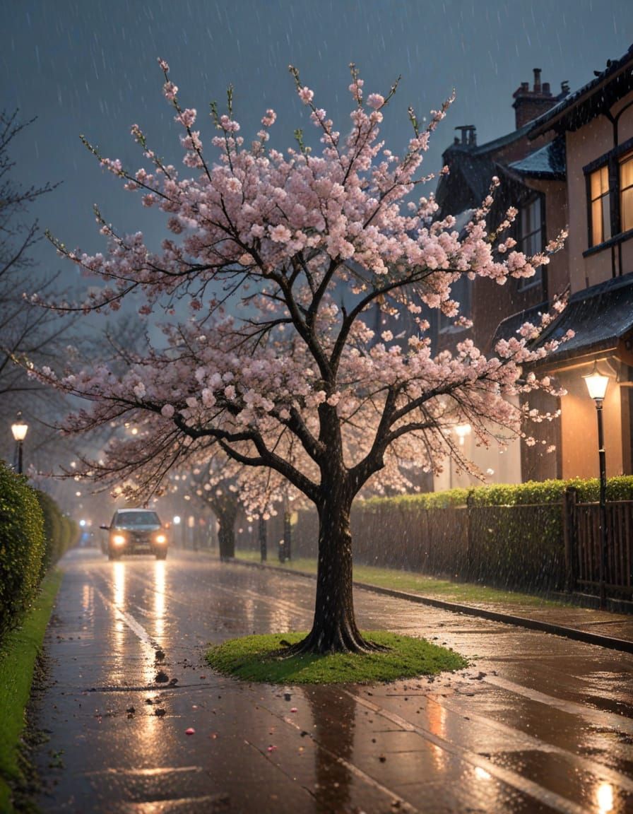 Cherry Blossom Tree in Heavy Rain at Dusk