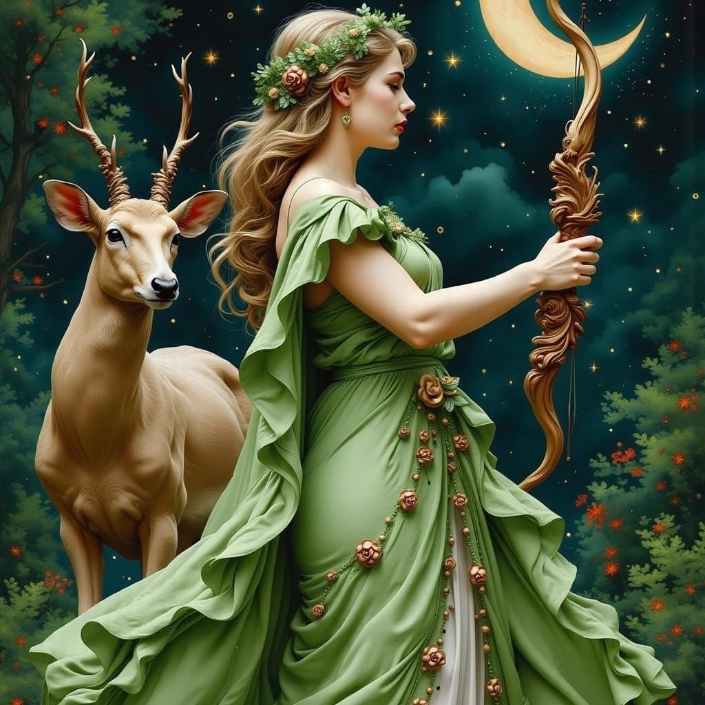 Goddess Artemis Hunts Under Crescent Moonlight