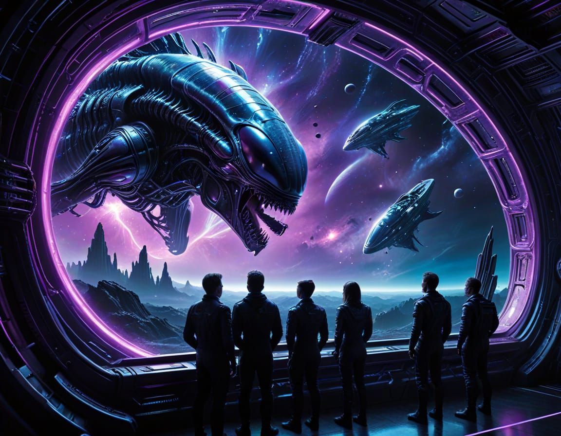 Alien Cyborg Crew Near Wormhole, Sci-Fi Illustration