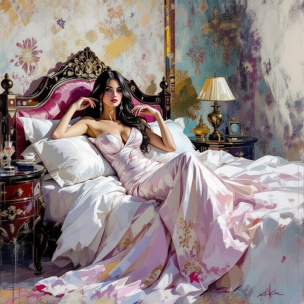 Woman in Art Deco Chamber with Expressive Ink Textures