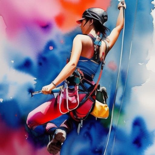 Girl Abseiling: Vibrant Watercolor Painting with Fluid Brush...