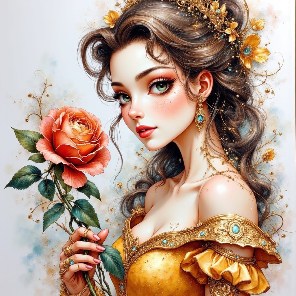 Belle with Rose: Pen and Ink Masterpiece