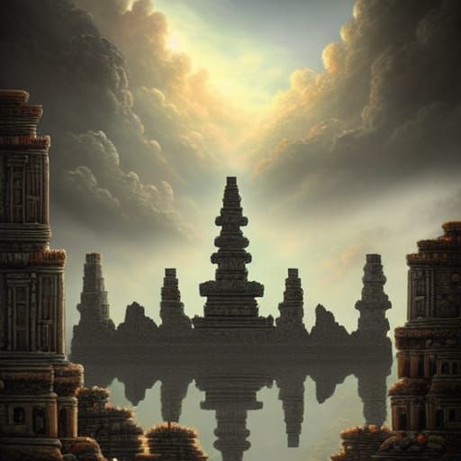 Fantasy Floating City with Ancient Temple Ruins
