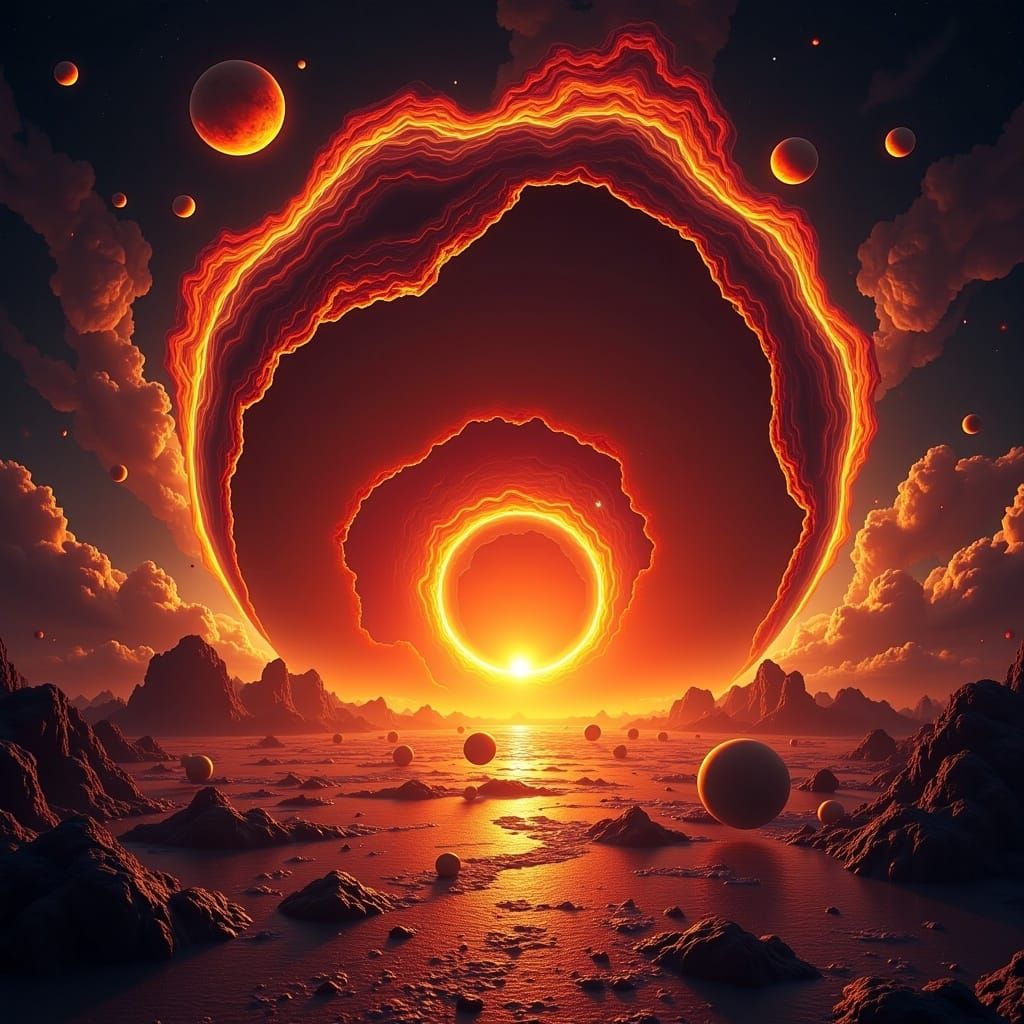 Hollow Lava Planet with Iridescent Clouds, Sci-Fi Art