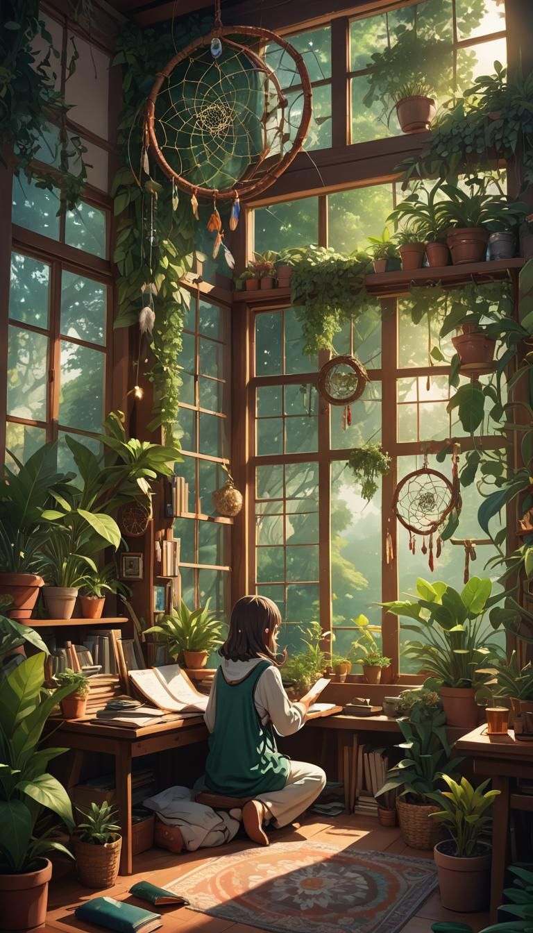 Anime Study Room with Dream Catcher and Lush Plants