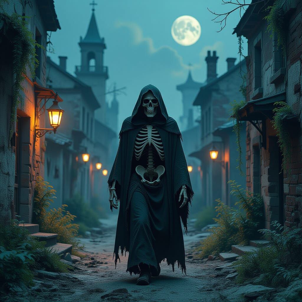 Happy Skeleton Walks Haunted City in Gothic Horror Style