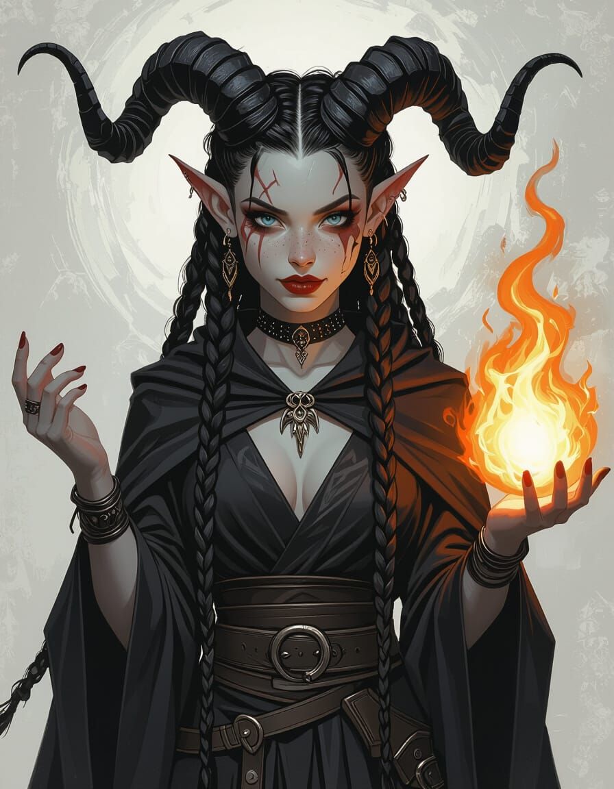Fantasy Tiefling Cleric with Fireball in Frazetta Style