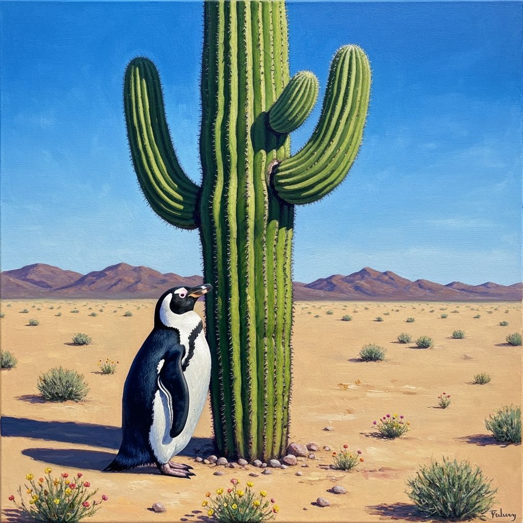 Penguin Beside Desert Cactus in Expressive Oil Painting
