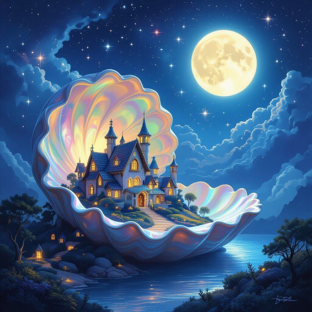 Whimsical Moonlit Village Inside Giant Seashell