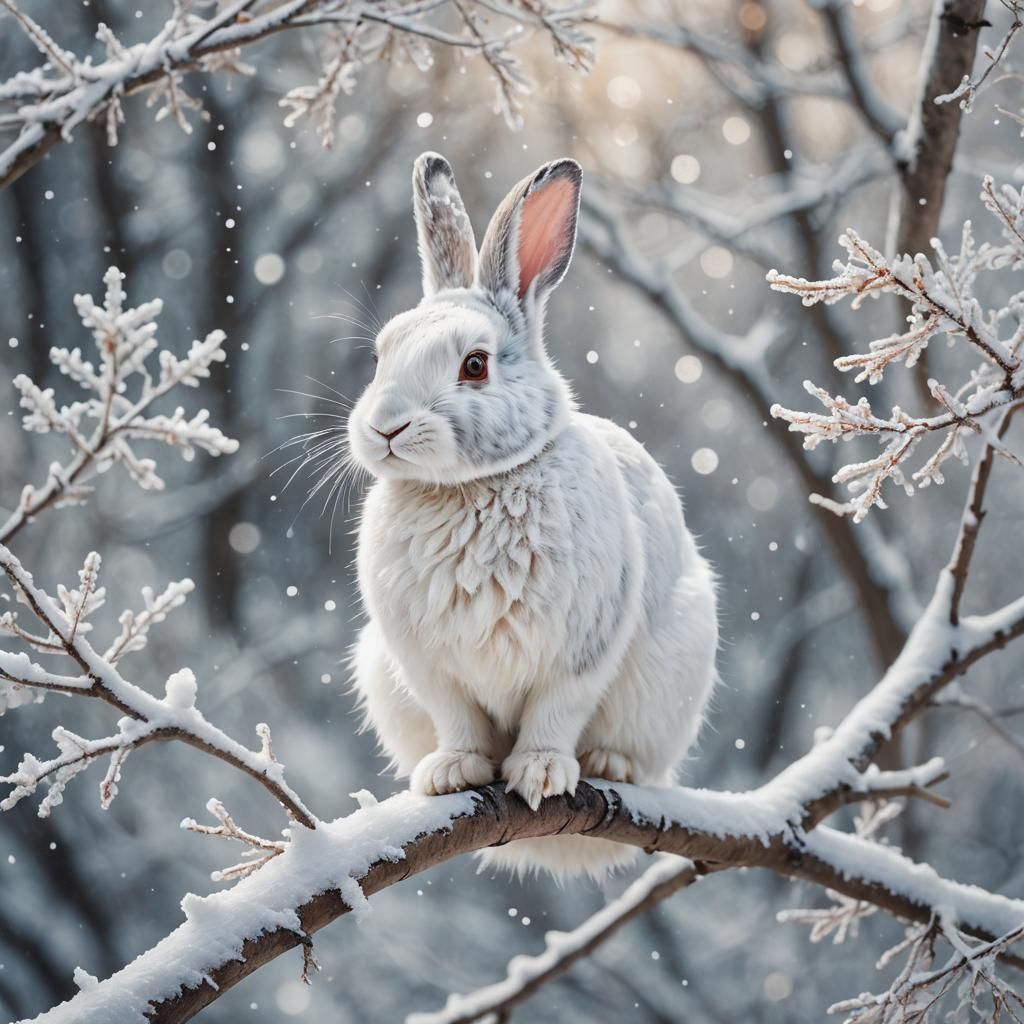 White Rabbit on Snowy Branch in Winter Wonderland