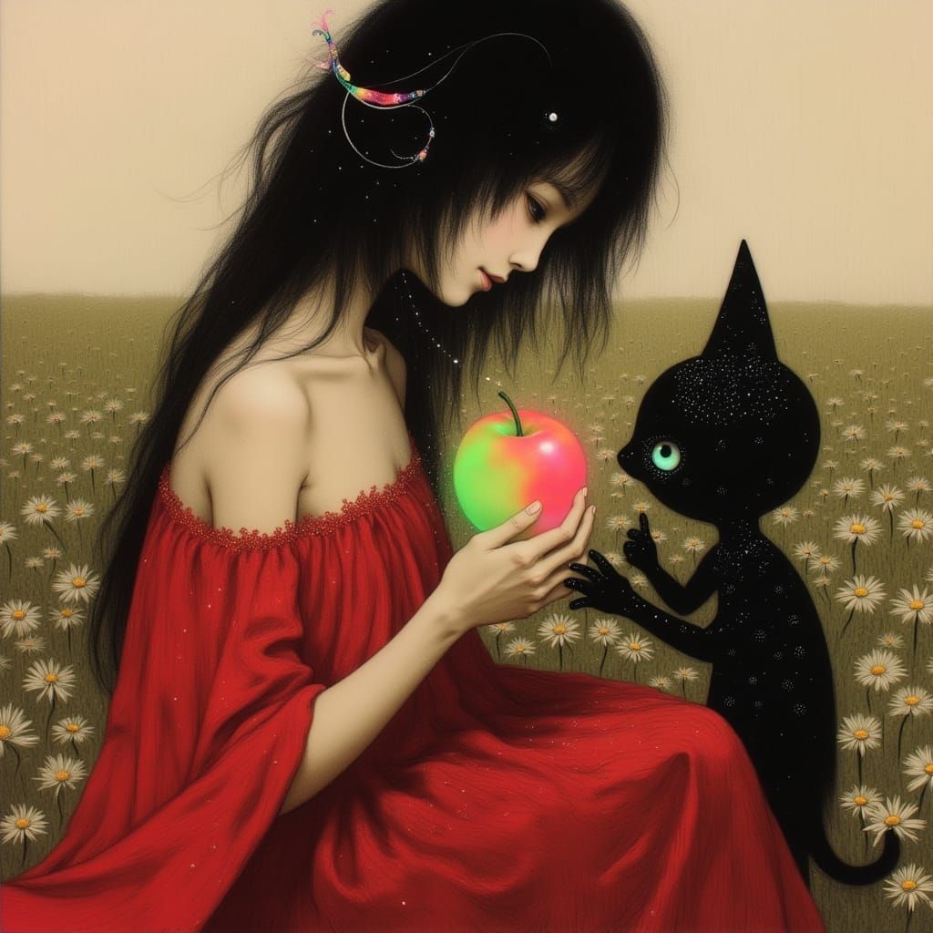 Contemplative Woman with Mysterious Cat and Glowing Apple in...