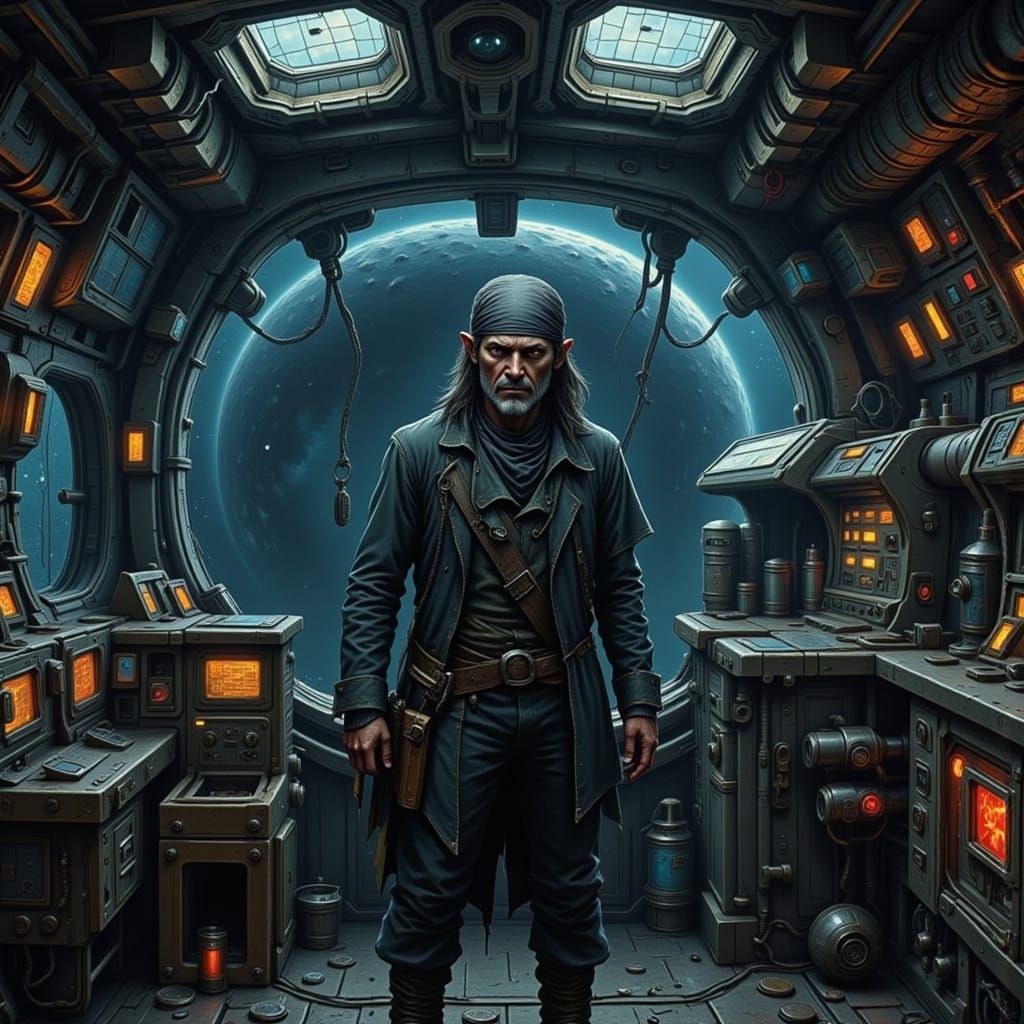 Space Pirate on Dilapidated Ship Bridge in Nebula