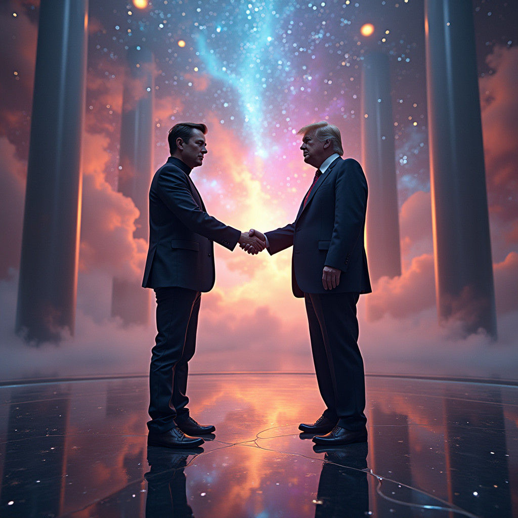 Musk and Trump Shake Hands in Futuristic Chamber