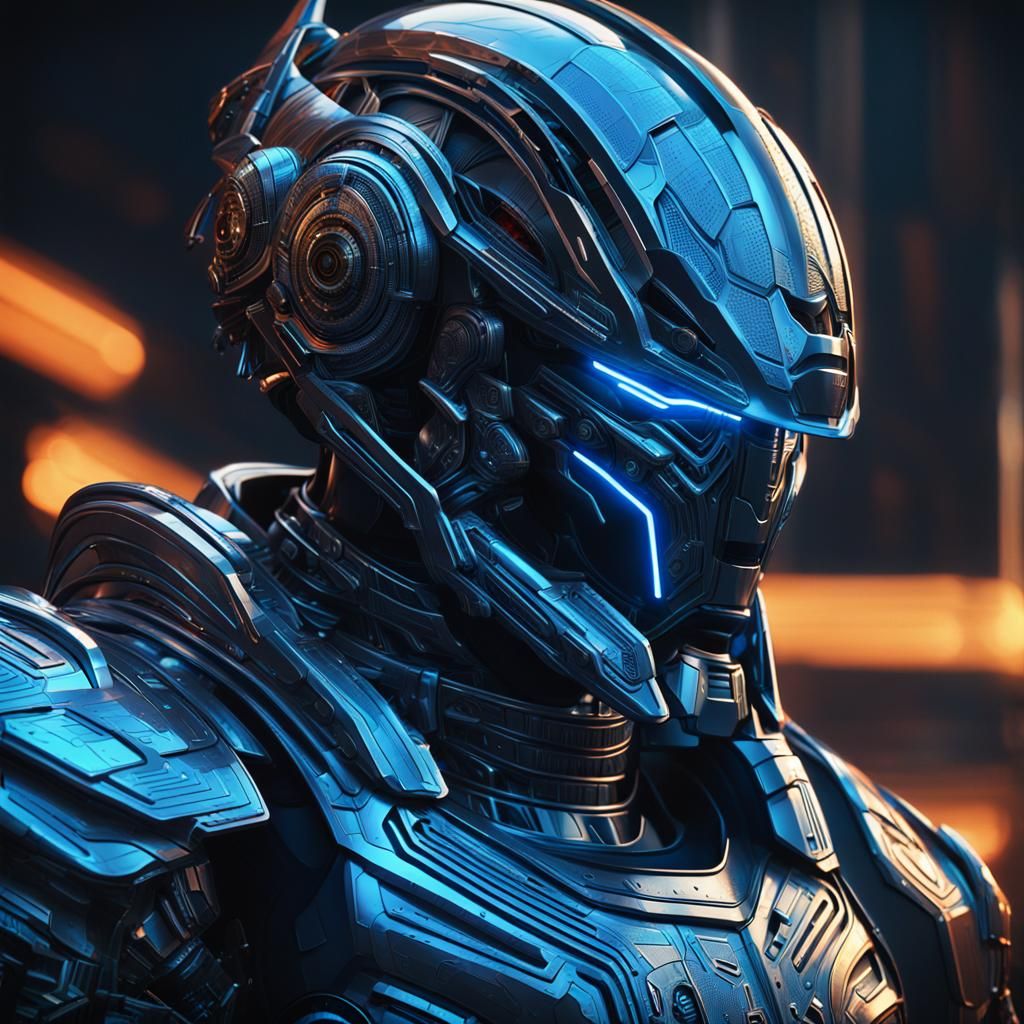 Armored Figure in Futuristic Neon Concept Art