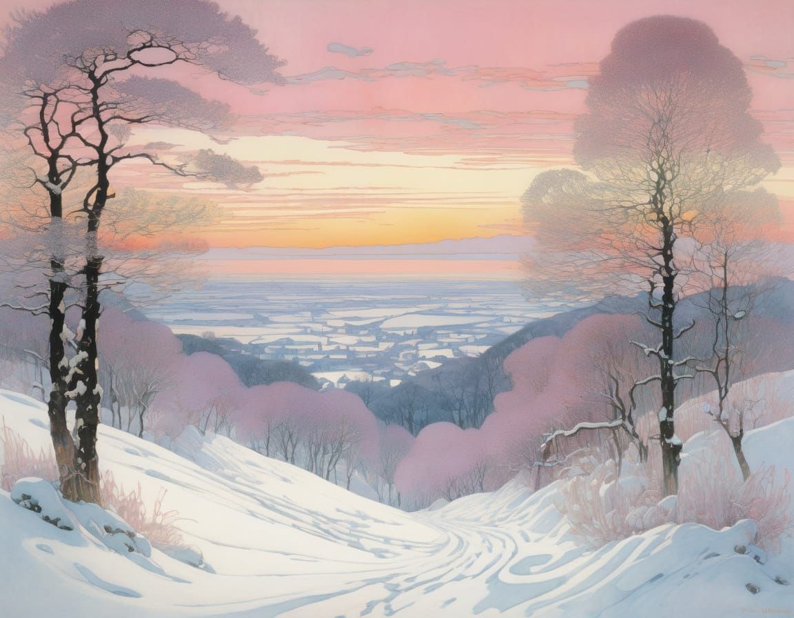 Winter Landscape in Dreamy, Watercolor Style