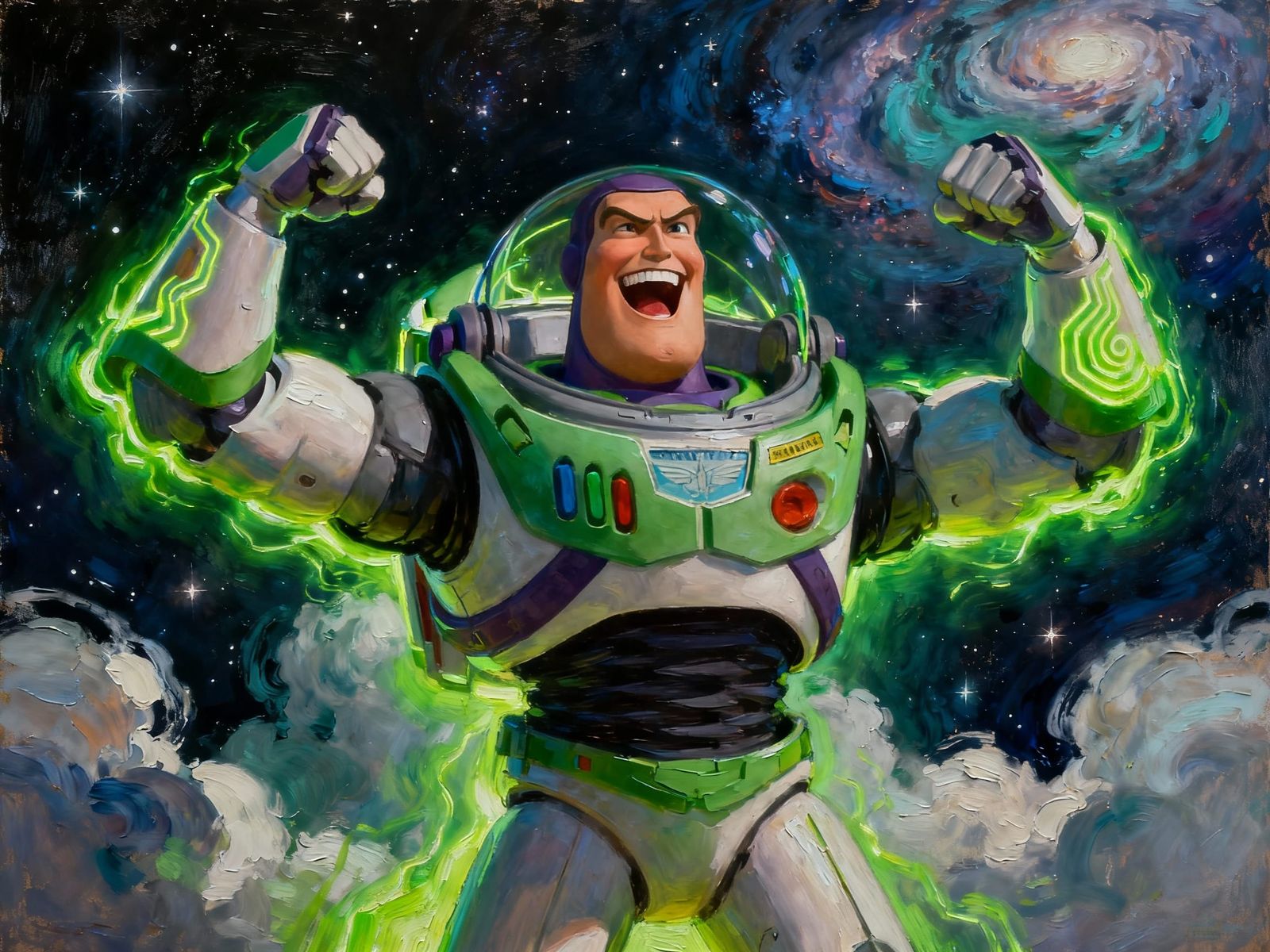 Epic Oil Painting of Buzz Lightyear Flexing and Laughing
