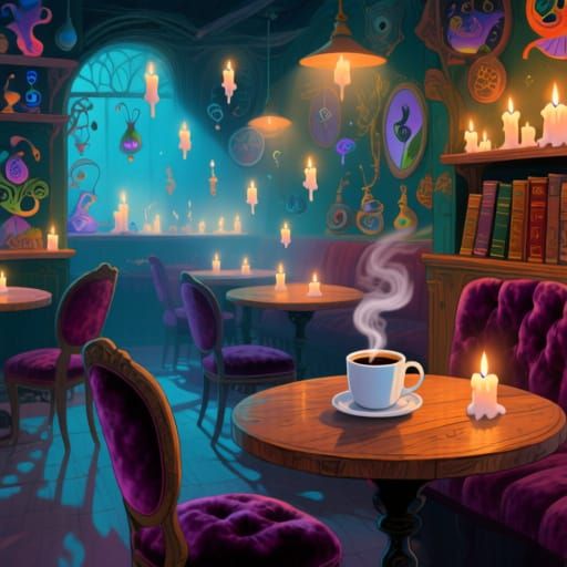 Enchanted Cafe with Floating Candles and Ethereal Glow