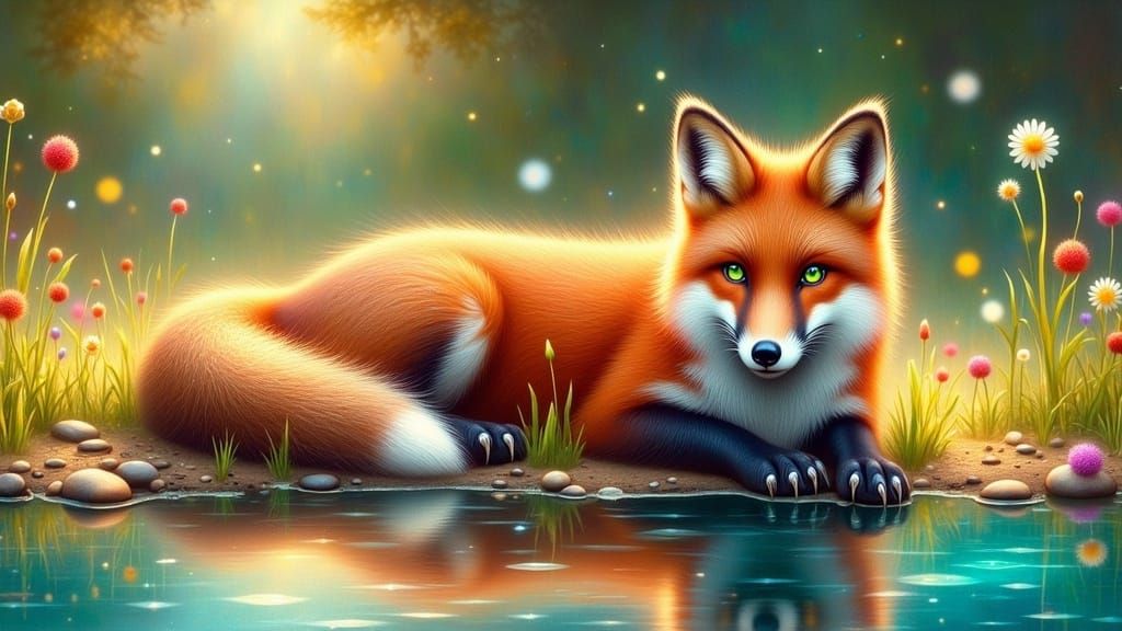 Red Fox Lounging by Pond in Wildlife Illustration Style